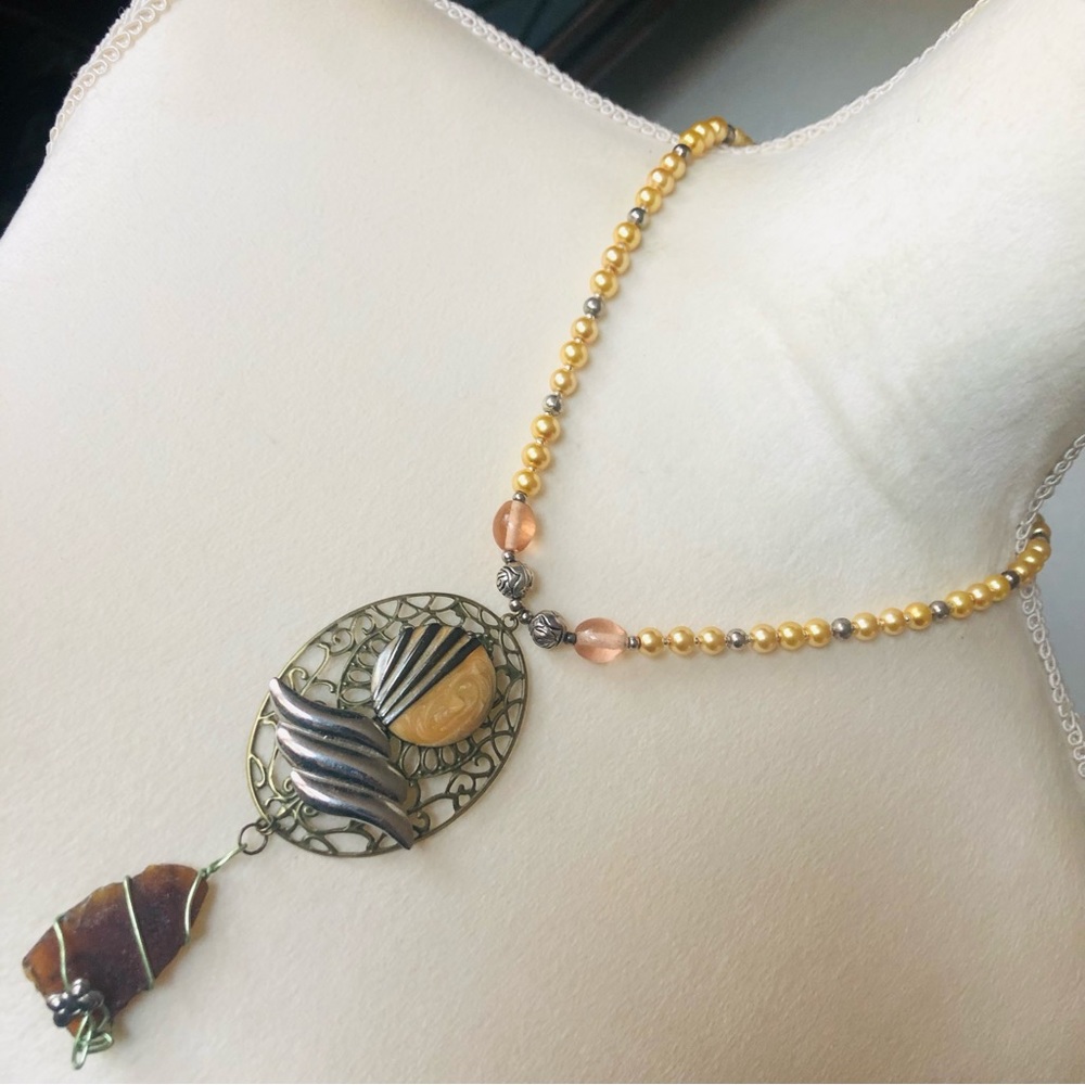 Handcrafted repurpose wired carnelian Czech glass pearl necklace